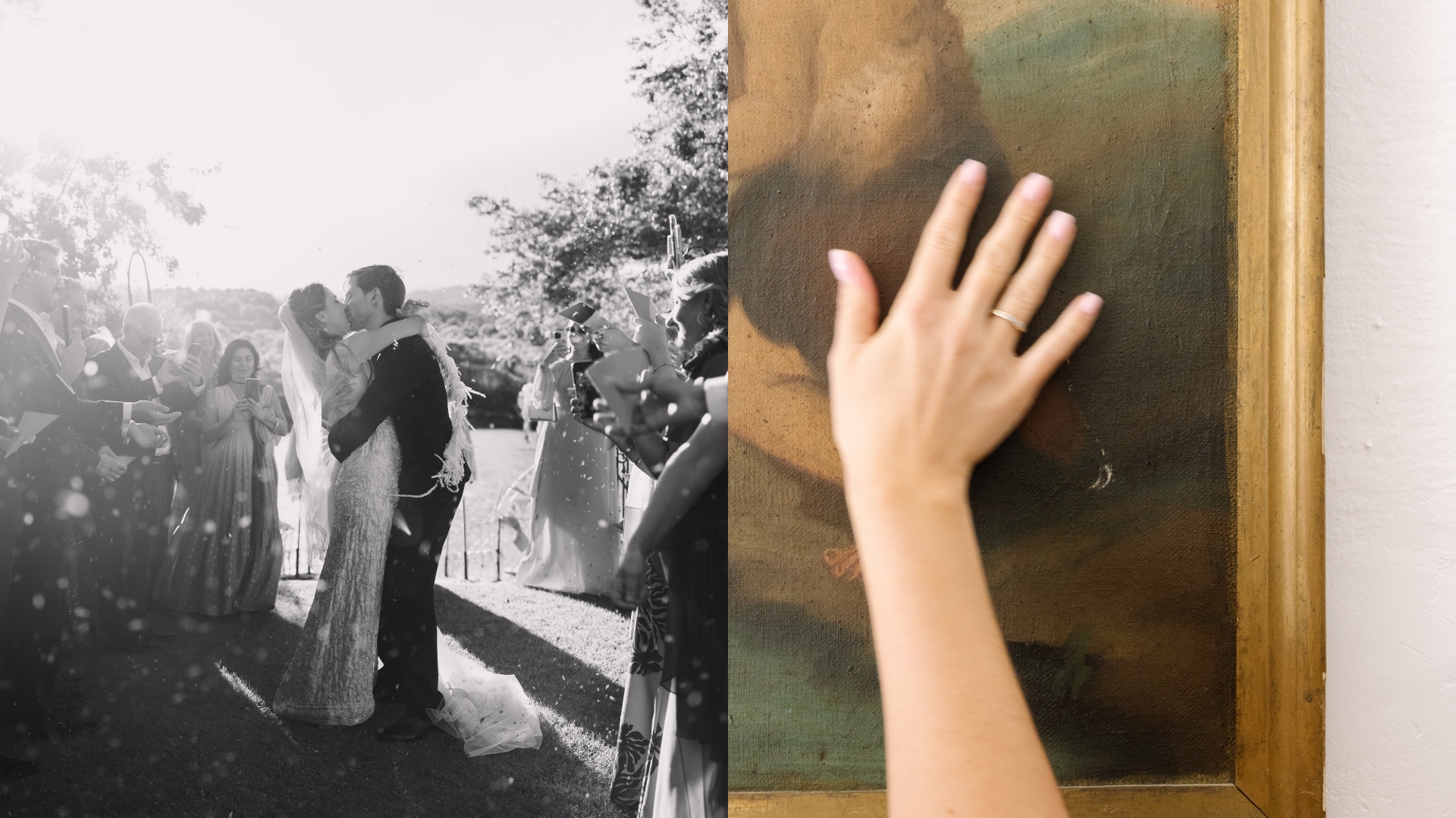 Novios caminando por el centro de Madrid boda editorial estilo Vogue